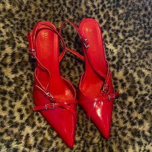 whitefox red “end game” kitten heels with silver buckle detailing